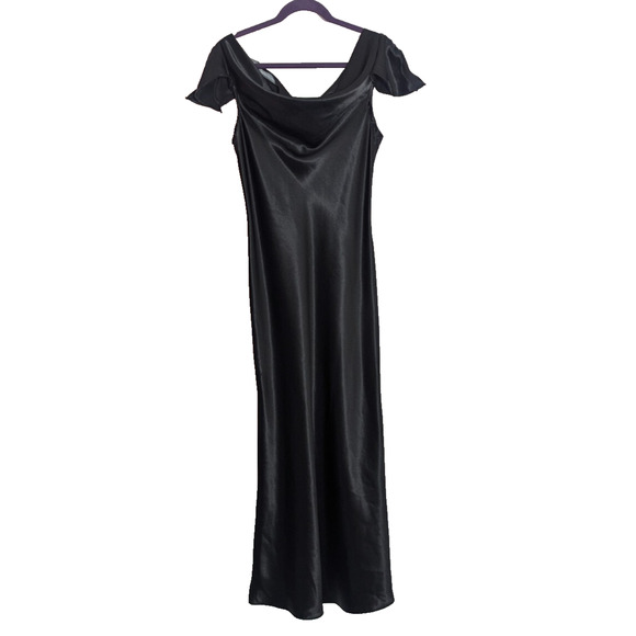 Vtg Fashion Dove Black Satin Flutter Sleeve Maxi Dress M/L P1 Whimsigoth Fairy - Picture 1 of 5